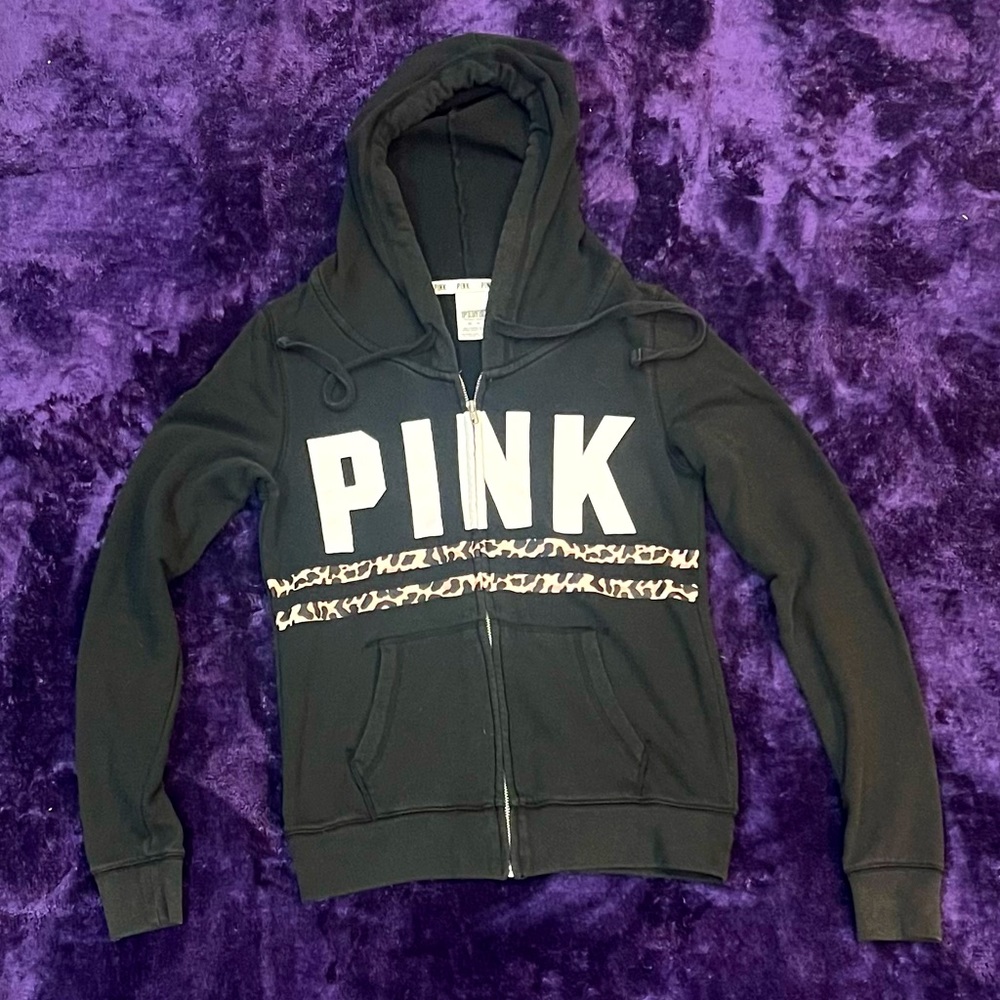 Victoria’s Secret Pink Leopard Black Zip Hoodie Jacket Size: XS